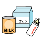 イラスト：粉ミルク、哺乳瓶、オムツ