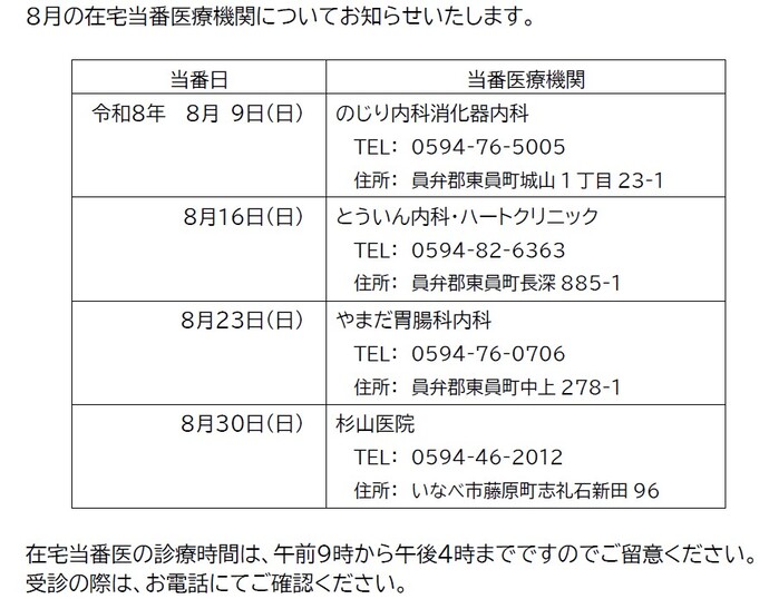 8月在宅当番医療機関
