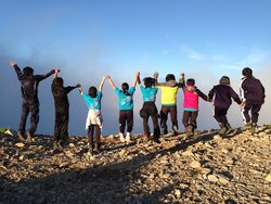 写真：山の上で手を挙げる学生たち