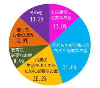 市の運営に必要なお金13.0% 子どもやお年寄りのために必要なお金31.8% 市民の生活をよくするために必要なお金20.2% 教育に必要なお金8.9% 借りたお金の返済12.9% その他13.2%