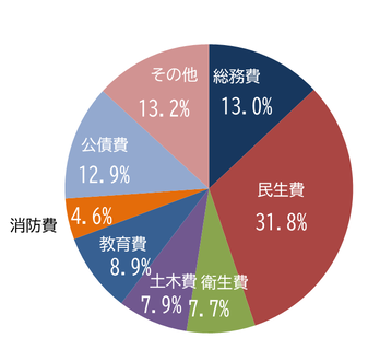 総務費13.0％ 民生費31.8％ 衛生費7.7％ 土木費7.9％ 教育費8.9％ 消防費4.6％ 公債費12.9％ その他13.2％