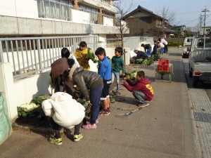 写真：学校前のふれあい花壇に葉ボタンを植える前に花壇の掃除をする児童達