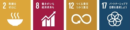 SDGsロゴマーク2「飢餓をゼロに」,SDGsロゴマーク8「働きがいも経済成長も」,SDGsロゴマーク12「つくる責任 つかう責任」,SDGsロゴマーク17「パートナーシップで目標を達成しよう」