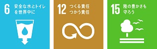 SDGsロゴマーク6「安全な水とトイレを世界中に」,SDGsロゴマーク12「つくる責任 つかう責任」,SDGsロゴマーク15「陸の豊かさも守ろう」