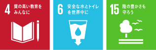 SDGsロゴマーク4「質の高い教育をみんなに」,SDGsロゴマーク6「安全な水とトイレを世界中に」,SDGsロゴマーク15「陸の豊かさを守ろう」