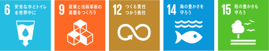 SDGsロゴマーク6「安全な水とトイレを世界中に」,SDGsロゴマーク9「産業と技術革新の基盤をつくろう」,SDGsロゴマーク12「つくる責任 つかう責任」,SDGsロゴマーク14「海の豊かさを守ろう」,SDGsロゴマーク15「陸の豊かさを守ろう」