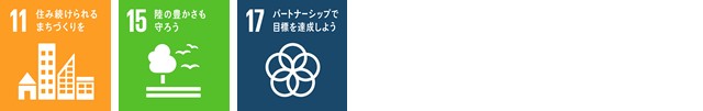 SDGsロゴマーク11「住み続けられるまちづくりを」,SDGsロゴマーク15「陸の豊かさも守ろう」,SDGsロゴマーク17「パートナーシップで目標を達成しよう」