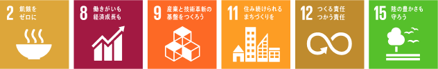 SDGsロゴマーク2「飢餓をゼロに」,SDGsロゴマーク8「働きがいも経済成長も」,SDGsロゴマーク9「産業と技術革新の基盤をつくろう」,SDGsロゴマーク11「住み続けられるまちづくりを」,SDGsロゴマーク12「つくる責任 つかう責任」,SDGsロゴマーク15「陸の豊かさも守ろう」