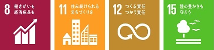 SDGsロゴマーク8「働きがいも経済成長も」,SDGsロゴマーク11「住み続けられるまちづくりを」,SDGsロゴマーク12「つくる責任 つかう責任」,SDGsロゴマーク15「陸の豊かさも守ろう」