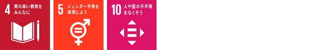 SDGsロゴマーク4「質の高い教育をみんなに」,SDGsロゴマーク5「ジェンダー平等を実現しよう」,SDGsロゴマーク10「人や国の不平等をなくそう」