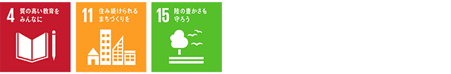 SDGsロゴマーク4「質の高い教育をみんなに」,SDGsロゴマーク11「住み続けられるまちづくりを」,SDGsロゴマーク15「陸の豊かさも守ろう」