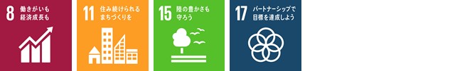 SDGsロゴマーク8「働きがいも経済成長も」,SDGsロゴマーク11「住み続けられるまちづくりを」,SDGsロゴマーク15「陸の豊かさも守ろう」,SDGsロゴマーク17「パートナーシップで目標を達成しよう」